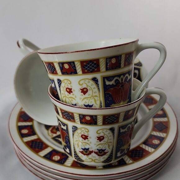 Vintage Set of 4 Imari Japan Derbyshire Fine china SnackDessert Plates & Teacups - Picture 1 of 14